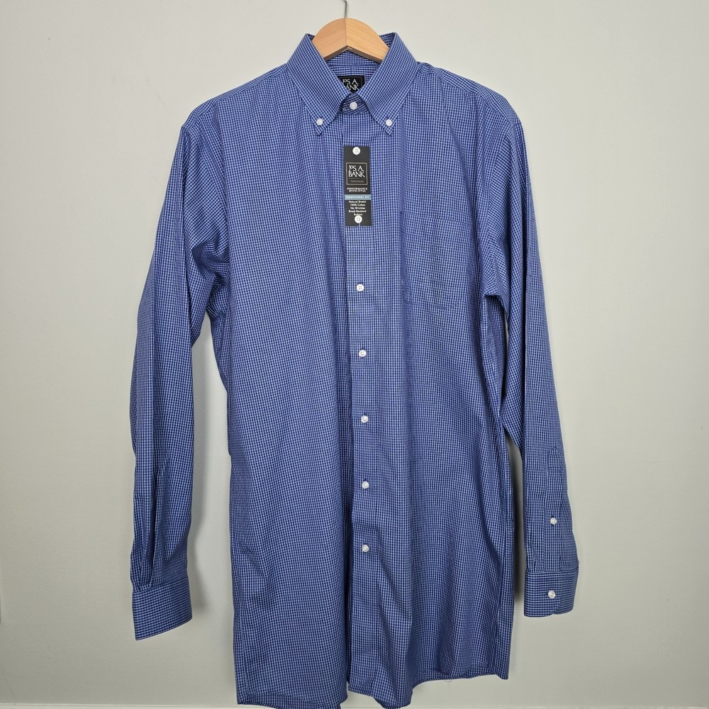 NWT Jos A Bank Mens Quiet Luxury Classic Traveler Dress Shirt Sz L 16.5 37 Blue